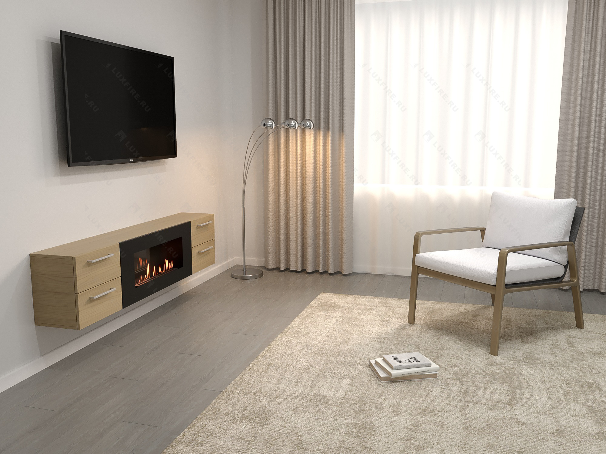 Тумба ТВ Lux Fire "Нева" настенная 1700 матовая, светлый дуб с биокамином 900 по цене 99 070 руб.
